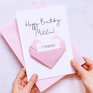 Carte de 1er anniversaire, coeur en origami, cadeau souvenir fait main personnalisé, pour son premier anniversaire, à petite-fille, fille, nièce, petite fille