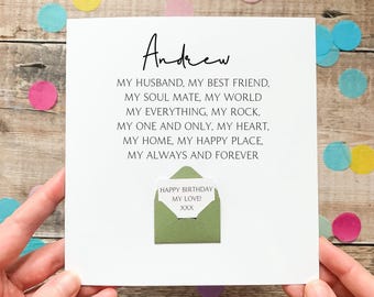 Personalised Birthday Card For Husband, My Everything, Romantic Card with Verse, Keepsake Gift for Him, Hidden Message, Any Birthday or Age