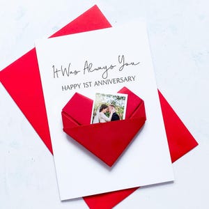 1周年記念カード、折り紙ハートフォトカード、パーソナライズされた紙の結婚記念日、大きな手作りの記念品ギフト、妻、夫へ