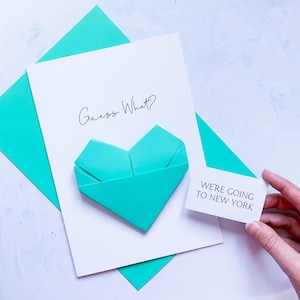 Carte de vœux surprise, Destination personnalisée, Cadeau souvenir fait main personnalisé, Devinez quoi, Billet Partir en vacances, Cœur en origami