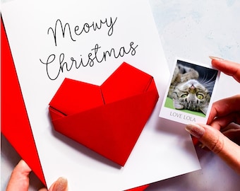 Personalised Happy Christmas Cat Card, Origami Heart From the Cat - Keepsake Gift for Pet Parent