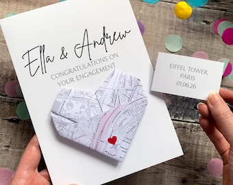 Gepersonaliseerde kaart verlovingskaart, gefeliciteerd met je verlovingsdag, locatie locatie voorstel, origami hart aandenken cadeau voor koppels