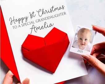Personalised Baby Girl's 1st Christmas, Origami Heart Card - Keepsake Gift for Granddaughter's First Christmas