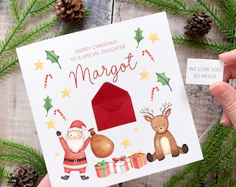 Personalised Christmas Card for Daughter Son, Happy Christmas, Secret Message Custom Gift, Watercolour Santa & Reindeer