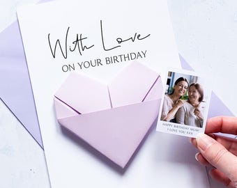 Personalised Birthday Card For Mum: Origami Heart Photo Keepsake Gift