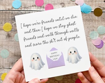 Tarjeta para mejor amigo/a - Divertida felicitación de cumpleaños - Diseño de fantasmas espeluznantes, mensaje personalizado, regalo de papel hecho a mano
