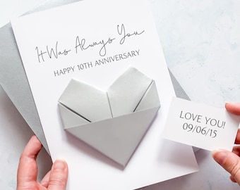 Personalised 10th Anniversary Card: Origami Heart Keepsake Gift