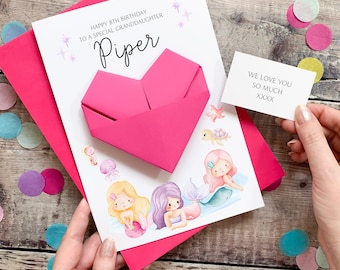 Personalised Mermaid Birthday Card, Granddaughter, Daughter, For Little Girl, Luxury Large Origami Heart Keepsake Gift, Any Age