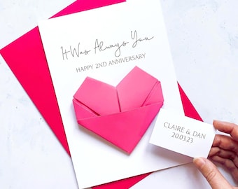 Personalised 2nd Anniversary Card: Origami Heart Keepsake