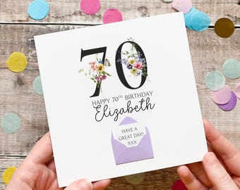 70th Birthday Card, Personalised Card for Her, Any Name and Age, Personalised Gift, Birthday Card With Flowers, 3D Card, Card for Woman