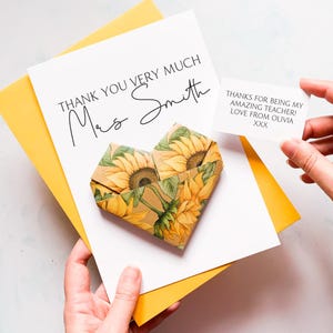 Personalised Thank You Teacher Card, Origami Heart, Handmade Keepsake Gift, With Name, End of Term, Teacher Appreciation, Sunflowers