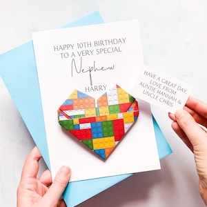Carte d'anniversaire personnalisée de neveu, coeur en origami sur le thème de la brique, cadeau souvenir fait main, pour son anniversaire, anniversaire d'enfant, adolescent, âge