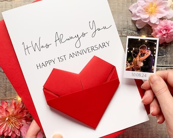 Personalised 1st Anniversary Origami Heart Card - Keepsake Gift for Husband or Wife