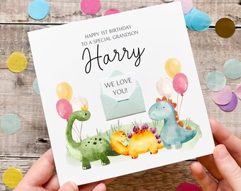 Tarjeta de primer cumpleaños para nieto, tarjeta personalizada de dinosaurio, para niño pequeño, para él, regalo de cumpleaños, T-Rex