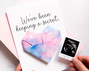 Tarjeta personalizada para anunciar el embarazo: recuerdo de corazón de origami con ecografía