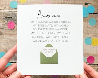Personalised Birthday Card For Husband, My Everything, Romantic Card with Verse, Keepsake Gift for Him, Hidden Message, Any Birthday or Age