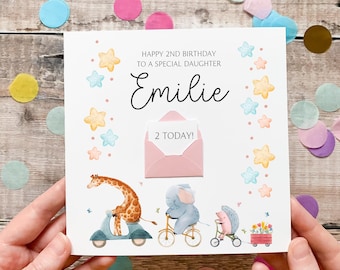 2nd Birthday Card For Daughter, Personalised Animal Birthday Card, For Little Girl, Cute Safari, Jungle Card for Her, Birthday Gift, Any Age