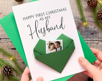First Christmas As My Husband Christmas Card, Personalised Origami Heart Keepsake Gift