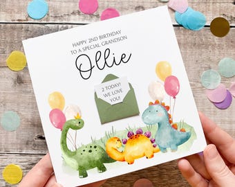 Tarjeta de segundo cumpleaños para nieto, tarjeta personalizada de dinosaurio, para niño de dos años, regalo para niño pequeño.