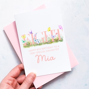 Carte personnalisée pour 8e anniversaire, fille, petite-fille, nièce, filleule, petite fille, anniversaire d'enfant, papillon, cadeau de huitième anniversaire