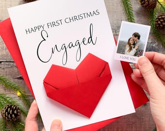 1st Christmas Engaged Christmas Card, Personalised Origami Heart Keepsake Gift