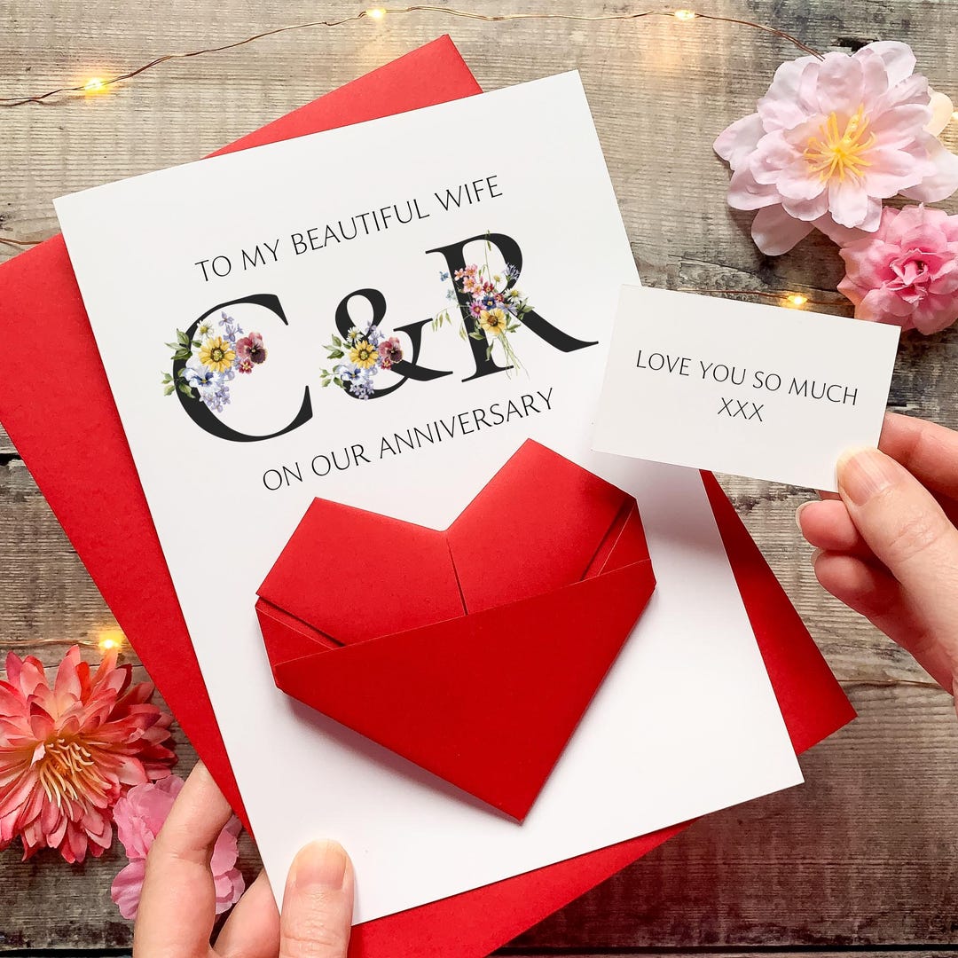 Personalised Wedding Anniversary Card for Wife, Origami Heart Hidden ...