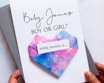 Personalised Gender Reveal Card: Handmade Origami Heart Keepsake