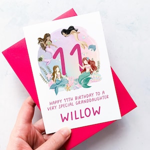 Personalised 11th Birthday Mermaid Card, Daughter Granddaughter Niece Goddaughter Little Girl, Children's Birthday, Eleventh Birthday Gift