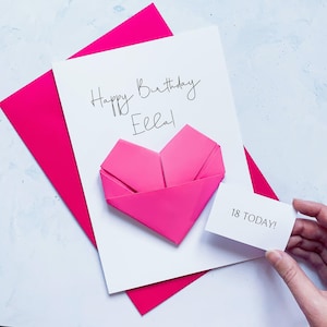 Carte d'anniversaire 18 ans, coeur en origami, cadeau souvenir fait main personnalisé, pour fille, soeur, nièce, petite-fille, filleule, 18 ans aujourd'hui,