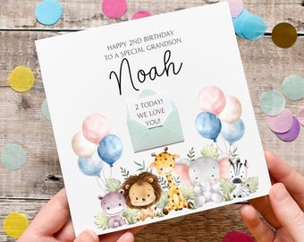 2nd Birthday Card For Grandson, Personalised Animal Birthday Card, 2 Today, Two Years Old, Jungle Card for Him, Birthday Gift, Any Age