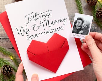 Personalised Christmas Card for Wife & Mummy, Origami Heart Keepsake Gift