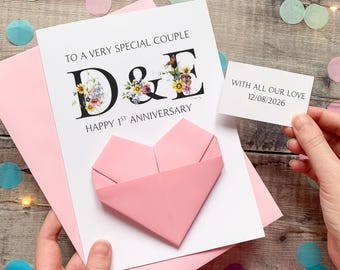 Personalised 1st Wedding Anniversary Card For A Special Couple, Origami Heart Hidden Message, Floral Initials, Handmade Custom Keepsake