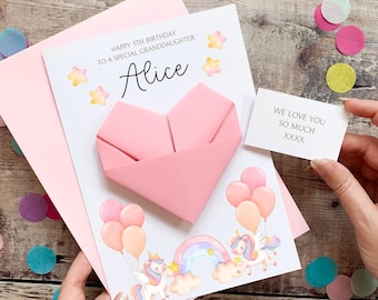 Personalised Unicorn Birthday Card, Granddaughter, Daughter, For Little Girl, Luxury Large Origami Heart Keepsake Gift, Any Age