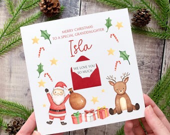 Personalised Christmas Card for Granddaughter Grandson, Happy Christmas, Secret Message Custom Gift, Watercolour Santa & Reindeer