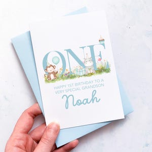 Carte personnalisée 1er anniversaire, fils, petit-fils, neveu, filleul, petit garçon, anniversaire d'enfant, pour enfant, cadeau de premier anniversaire, animaux mignons