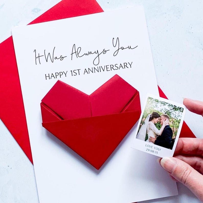 1st Anniversary Card, Origami Heart Photo Card, Personalised Paper Wedding Anniversary, Large Handmade Keepsake Gift, For Wife, Husband