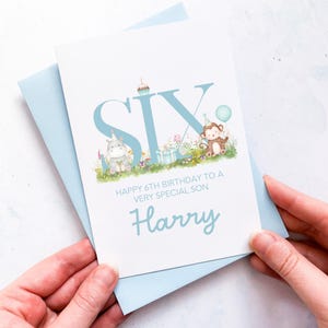 Carte personnalisée de 6e anniversaire, fils, petit-fils, neveu, filleul, petit garçon, anniversaire d'enfant, pour enfant, cadeau de sixième anniversaire, animaux mignons