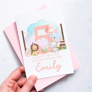 Carte personnalisée pour 5e anniversaire, fille, petite-fille, nièce, filleule, petite fille, anniversaire d'enfant, animal mignon, cadeau de cinquième anniversaire