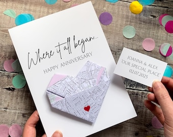 Personalised Map Anniversary Card, Where It All Began, Origami Heart Keepsake Gift For Husband, Wife, Boyfriend, Girlfriend