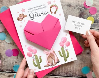 Personalised Cowboy Hat & Boots Birthday Card, Granddaughter, Daughter, For Teenager, Luxury Large Origami Heart Keepsake Gift, Any Age