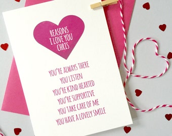 Reasons I love you, Husband Anniversary Card, Boyfriend Anniversary Card, Anniversary card for Wife, Personalised Anniversary Card