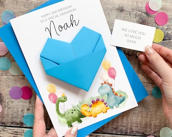 Personalised Dinosaur Birthday Card, Grandson, Son, For Little Boy, Luxury Large Origami Heart Keepsake Gift, Any Age