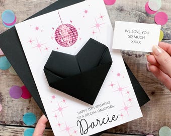 Personalised Disco Ball Birthday Card, Granddaughter, Daughter, For Teenager, Luxury Large Origami Heart Keepsake Gift, Any Age