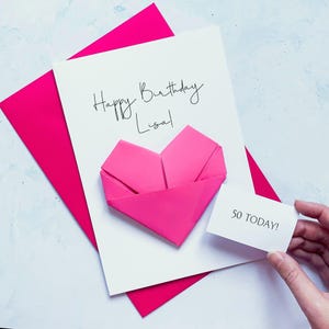 50th Birthday Card, Origami Heart, Personalised Handmade Keepsake Gift, To Wife, Sister, Best Friend, Bestie, Fifty Today, For Her, Female