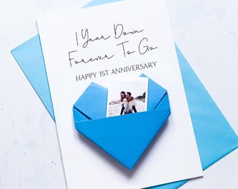 Personalised 1st Anniversary Card: Origami Heart Photo Keepsake, 1 Year Down