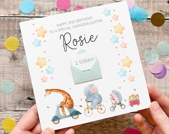 2nd Birthday Card for Granddaughter, Personalised Animal Birthday Card, For Little Girl, Cute Safari, Jungle Card for Her, Birthday Gift