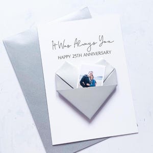 Carte 25e anniversaire, carte photo coeur en origami, anniversaire de mariage en argent personnalisé, grand cadeau souvenir fait main, pour femme, mari