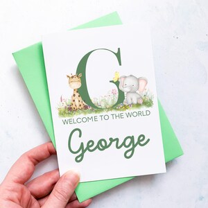 Carte personnalisée de naissance, animaux de safari, cadeau pour un nouveau-né, carte de naissance, carte de félicitations, alphabet,