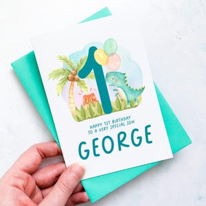 Carte personnalisée 1er anniversaire, fils, petit-fils, neveu, filleul, petit garçon, anniversaire d'enfant, pour enfant, cadeau de premier anniversaire, dinosaure mignon