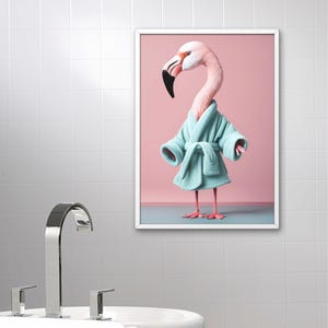 Funny Flamingo Bathroom Art – Tropical Wall Decor with Flamingo in Robe – Quirky Animal Print – Humorous Digital Poster – Instant Download
